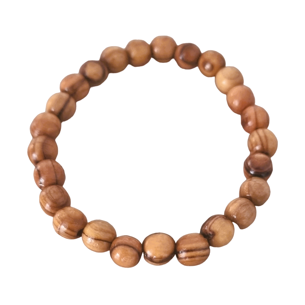 Olive Wood Bead Bracelet 8mm Beads On Table.