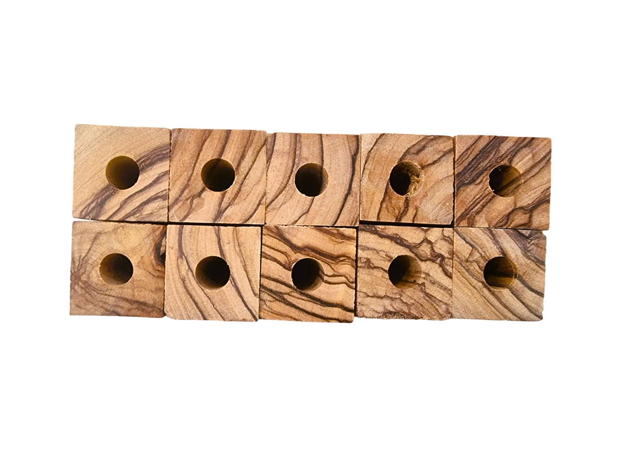 Close Up Of Drilled Holes In 10 Bethlehem Olive Wood Pen Blanks.
